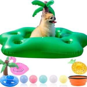 Dog Pool Floats Set, Dog Float Raft with Collapsible Dog Bowl, Non-Toxic Floating Dog Water Toys for Small Dog, Puppy and Doggies, Coconut Tree