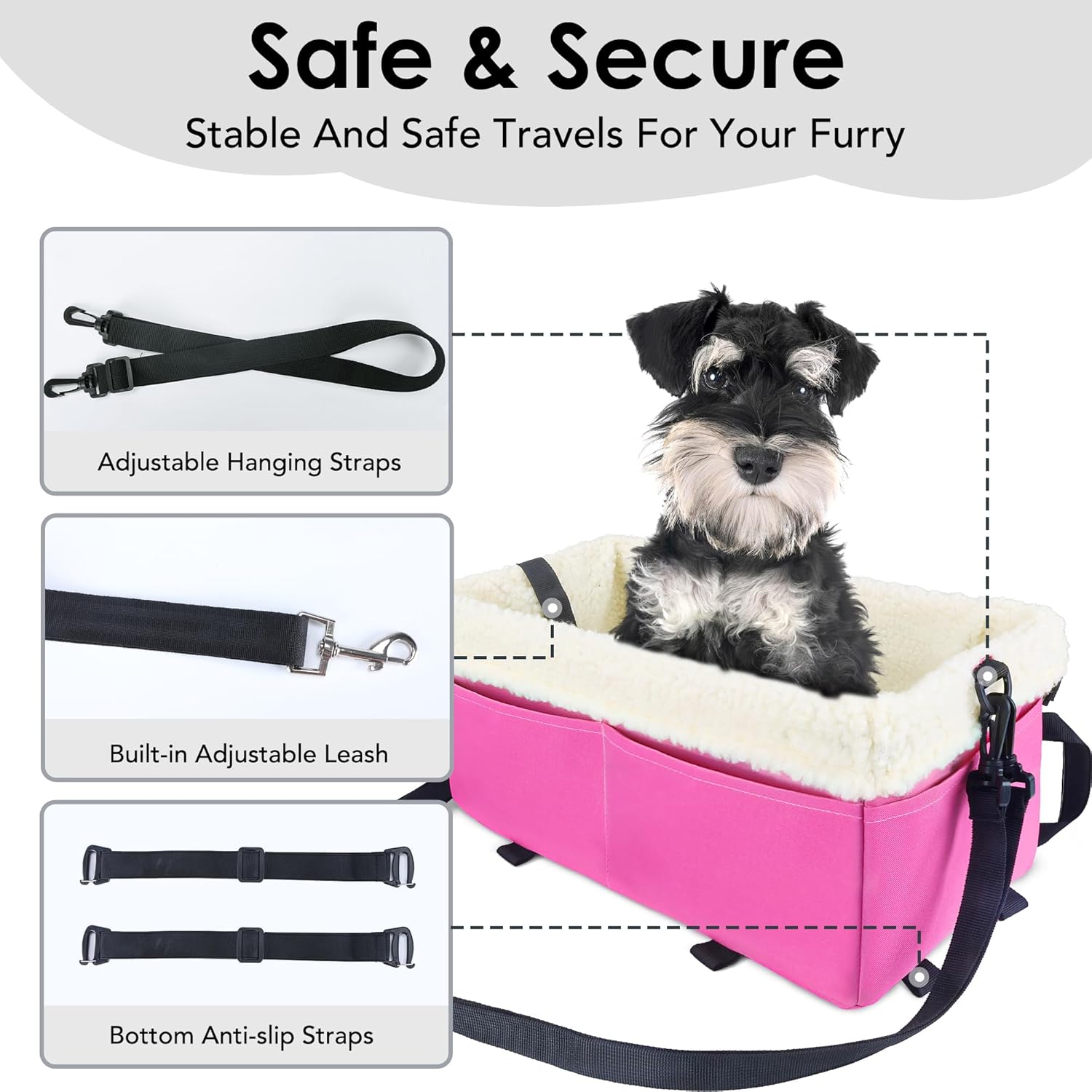 Dog Car Seat for Small Dogs, Center Console Dog Car Seat with Metal Frame & Double Protection Seat Belts, Pet Booster Seat with Safety Leash and Storage Pocket for Pets Dogs Cats, Pink - Image 3