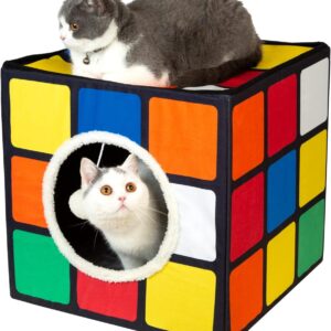 LUCKITTY Cat Condo House with Reversible Cushions and Fluffy Ball Hanging, Foldable Magic Cube, Large Cave Bed for Indoor Cats, Unique Puzzle Shape Lagre 16.5“ x 16.5" x 16.5”