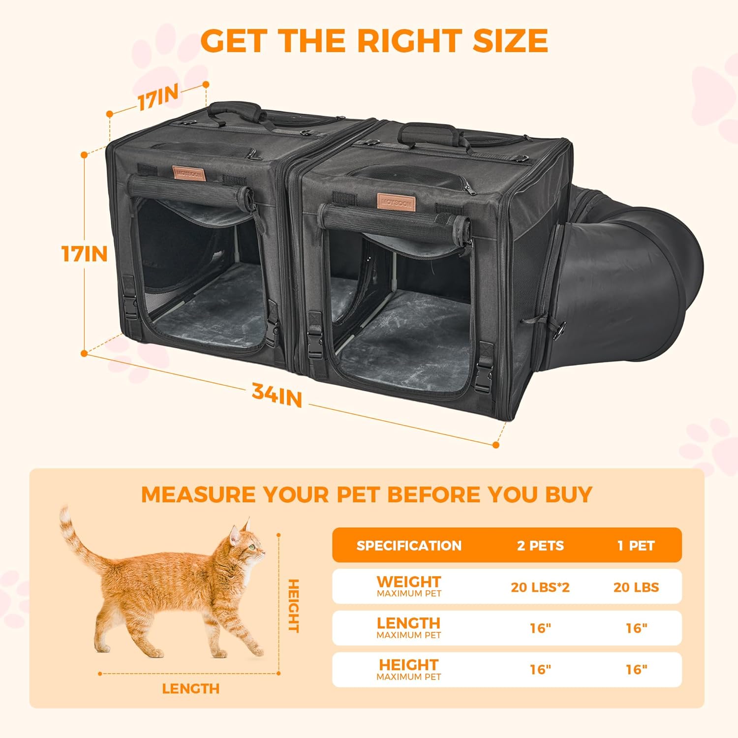PETUX 2-in-1 Double Cat Carrier for Multiple Cats - Large Cat Travel Carrier with Litter Box, Play Tunnels, and Hammock - Portable Pet Carriers for Long Car Trips & Vet Visit (34"x17"x17", Black) - Image 5