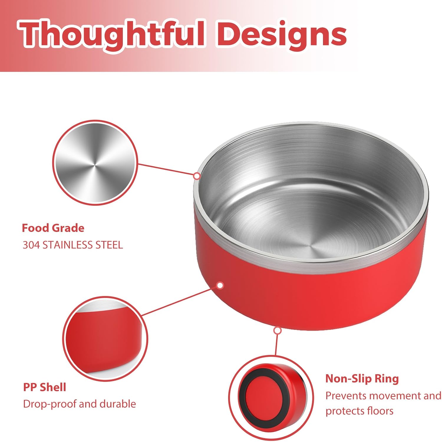 Stainless Steel Dog Bowl, Metal Water and Food Dish for Large Dogs, Insulated Non-Slip Pet Bowl, Easy Clean, 40oz, Red - Image 4