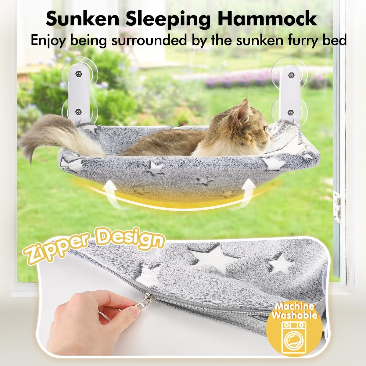 2PC Cat Window Perch, Glow in The Dark Cordless Foldable Pet Hammock Bed for Window with Sturdy Metal Frame, Glowing Stars Pattern Resting Seat for Indoor Cats (2PC Stars - M) - Image 2