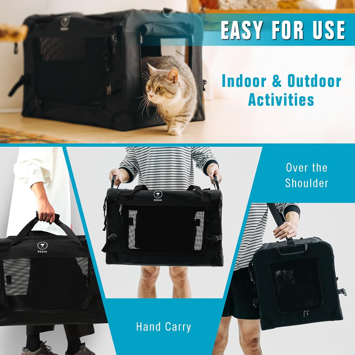 Extra Large Cat Carrier for Car Travel, Pegic Soft Sided Collapsible Pet Carrier for Outdoor and Indoor Uses, Roomy Cat Carrier for 2 Kittens, Large Cat or Puppies Up to 50lbs (Black) - Image 6