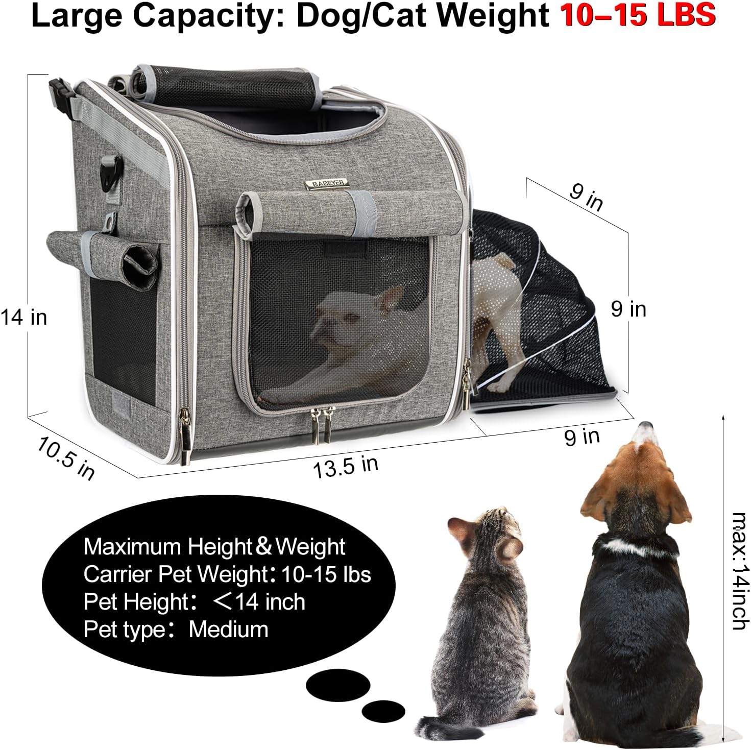 Dog Bike Basket, Expandable Soft-Sided Pet Carrier Backpack with 4 Open Doors, 4 Mesh Windows for Small Dog Cat Puppies - Grey - Image 3