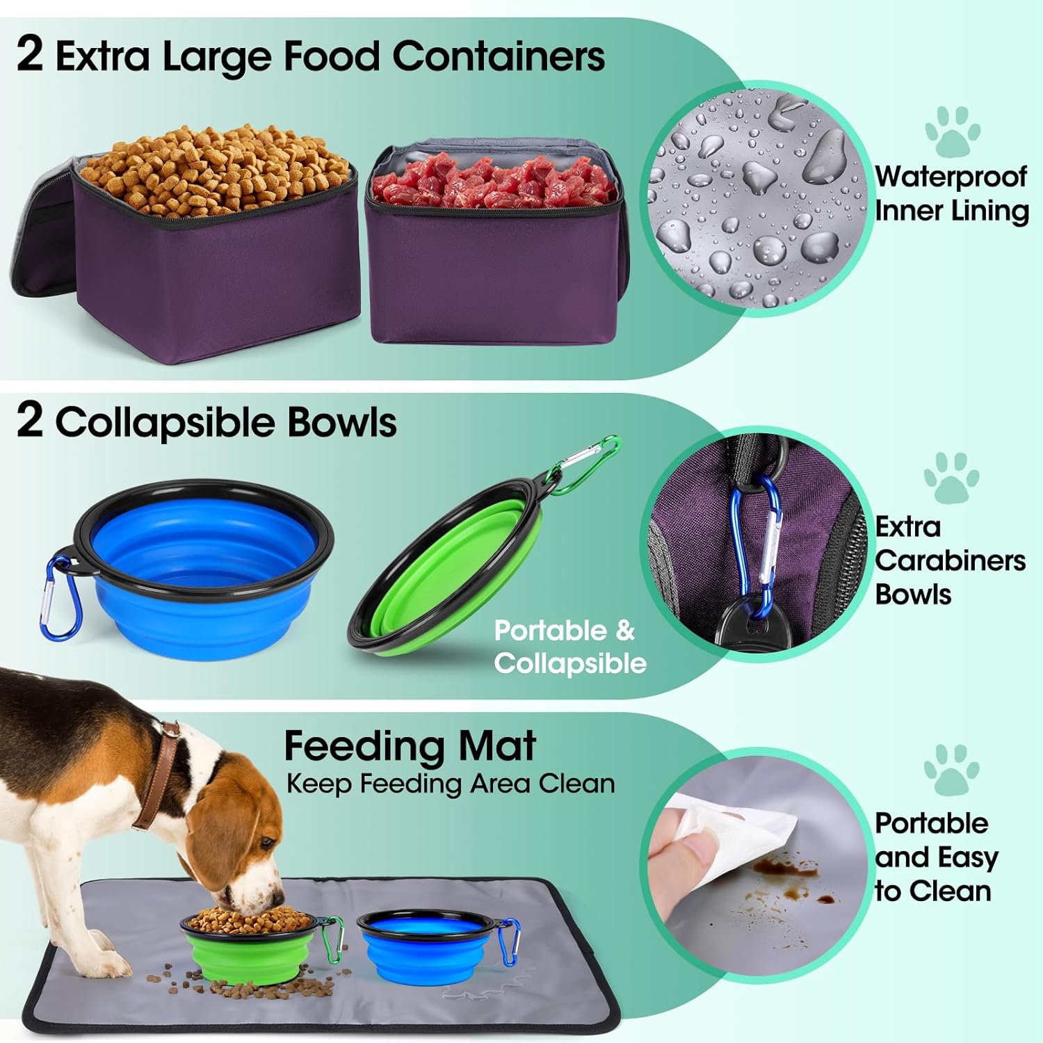 IGOLUMON Dog Travel Bag Large Pet Travel Bags Set for Supplies Weekend Travel Kit Tote Organizer Multi-Pockets Dog Food Travel Bag with 2 Large Food Containers, 2 Dog Bowls, 1 Feeding Mat, Purple - Image 7