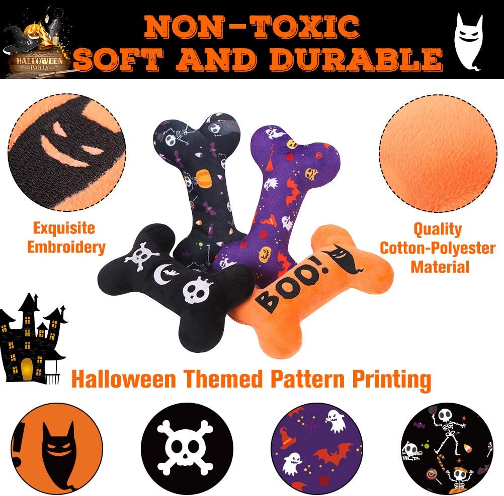 SCENEREAL Halloween Dog Toy for Small Medium Large Sized Dogs- 4Pack Plush Dog Squeaky Toys, Interactive Bone Dog Toys, Puppy Chew Toys for Indoor Outdoor Training - Image 4