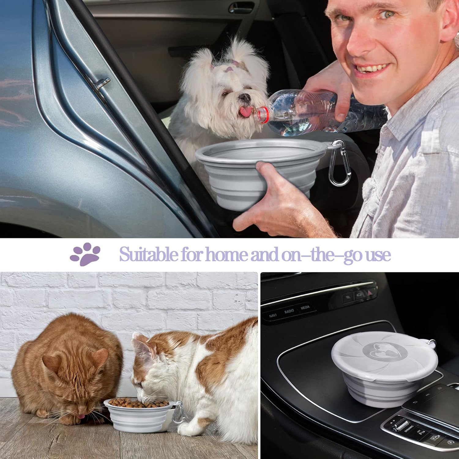 Collapsible Dog Bowls - Portable Travel Dog Bowls with Lids & Carabiners, 2 Pack Silicone Watering Feeding Pet Bowls for Dogs Cats, 450ml/15oz Collapsable Doggy Bowl for Walking Hiking Camping - Image 3