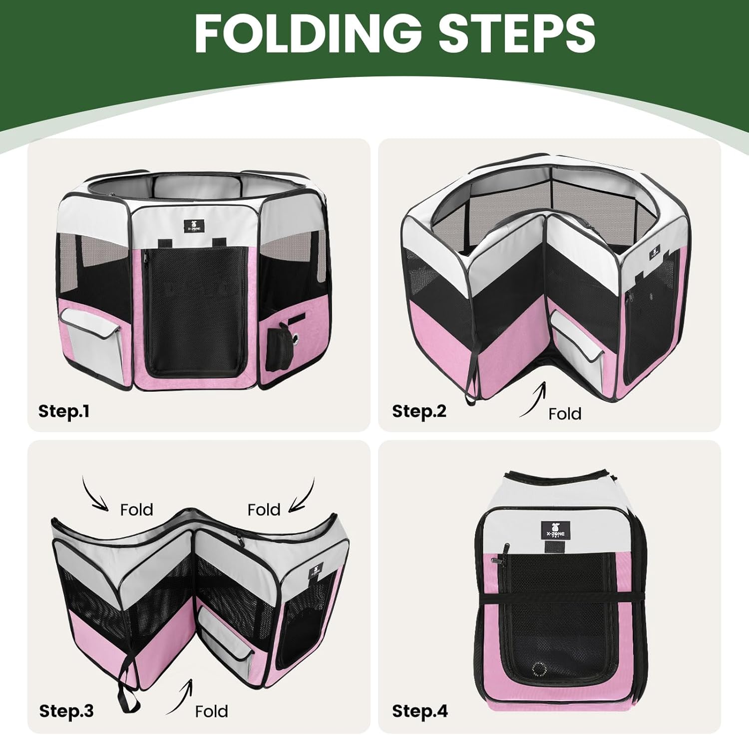 X-ZONE PET Dog Playpen Portable Pet Play Pens for Puppies, Cat, Rabbit, Chicks, Foldable Exercise Play Tent Kennel Crate, Indoor/Outdoor Travel Camping Pink Medium - Image 5