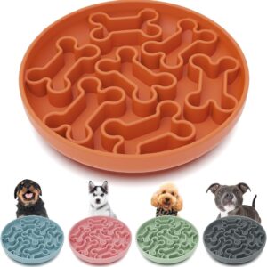 Silicone Slow Feeder Dog Bowl – Orange Bone Pattern | Food-Grade Non-Slip Dog Dish for Anti-Bloat, Fast Eating Prevention, 7.5” x 1.5”, Dishwasher Safe
