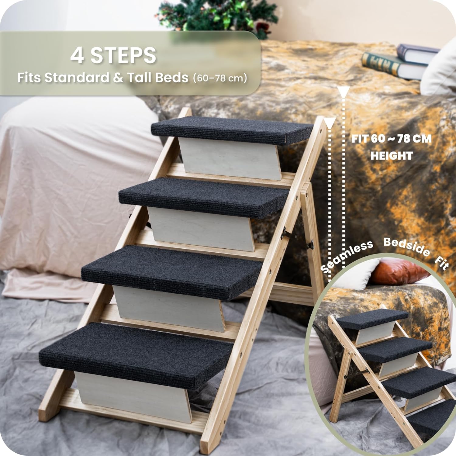 MEWANG Wood Pet Stairs & Ramp for Small/Medium Dogs and Cats, Aging Pets – 3-in-1 Foldable, Portable, Non-Slip Pet Ladder for Tall Beds, Couches,Cars–Holds Up to 220 lbs (17.3" L x 17.2" W x 13.0" H) - Image 5
