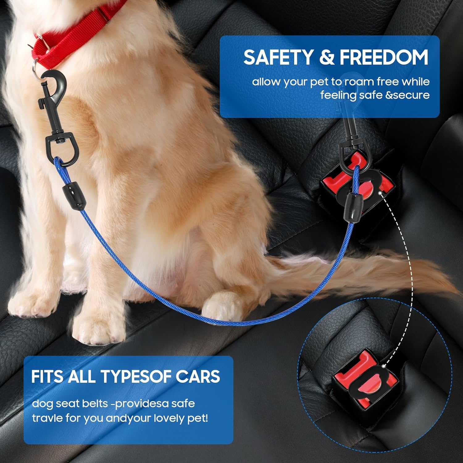 Dog Car Harnesses, Dog Seatbelt of Coated Wire Leash Safety Restraint, No Chew Tether Cable Vehicle Dog Accessories, Double Clips & Latch Attachment (Red+Blue, 32 inch/80 cm) - Image 2