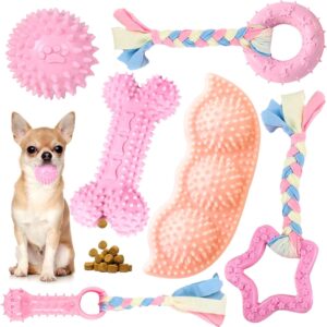 Petcare 6 Pack Puppy Chew Toys for Teething Cute Pink Puppy Toys Small Dog Toys Soft Rubber Rope Dog Toys Funny Bone Ball Cleaning Teeth Dog Chew Toys Puppy Teething Toys for Puppies Yorkie