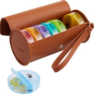FGcase Weekly Pill Organizer 2 Times a Day Large 7 Day Rainbow Pill Box with Brown PU Leather Case Portable Travel Medication Container AM PM Pill Box for Vitamins, Fish Oils, Medicine, Supplements