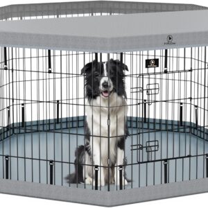 PJYuCien Dog Playpen, 8 Panels 30”H Dog Playpen Indoor with Grey Bottom Pad and Top Cover, Metal Foldable Dog Pen for Indoor Use, Better for Small Medium Animals, Grey