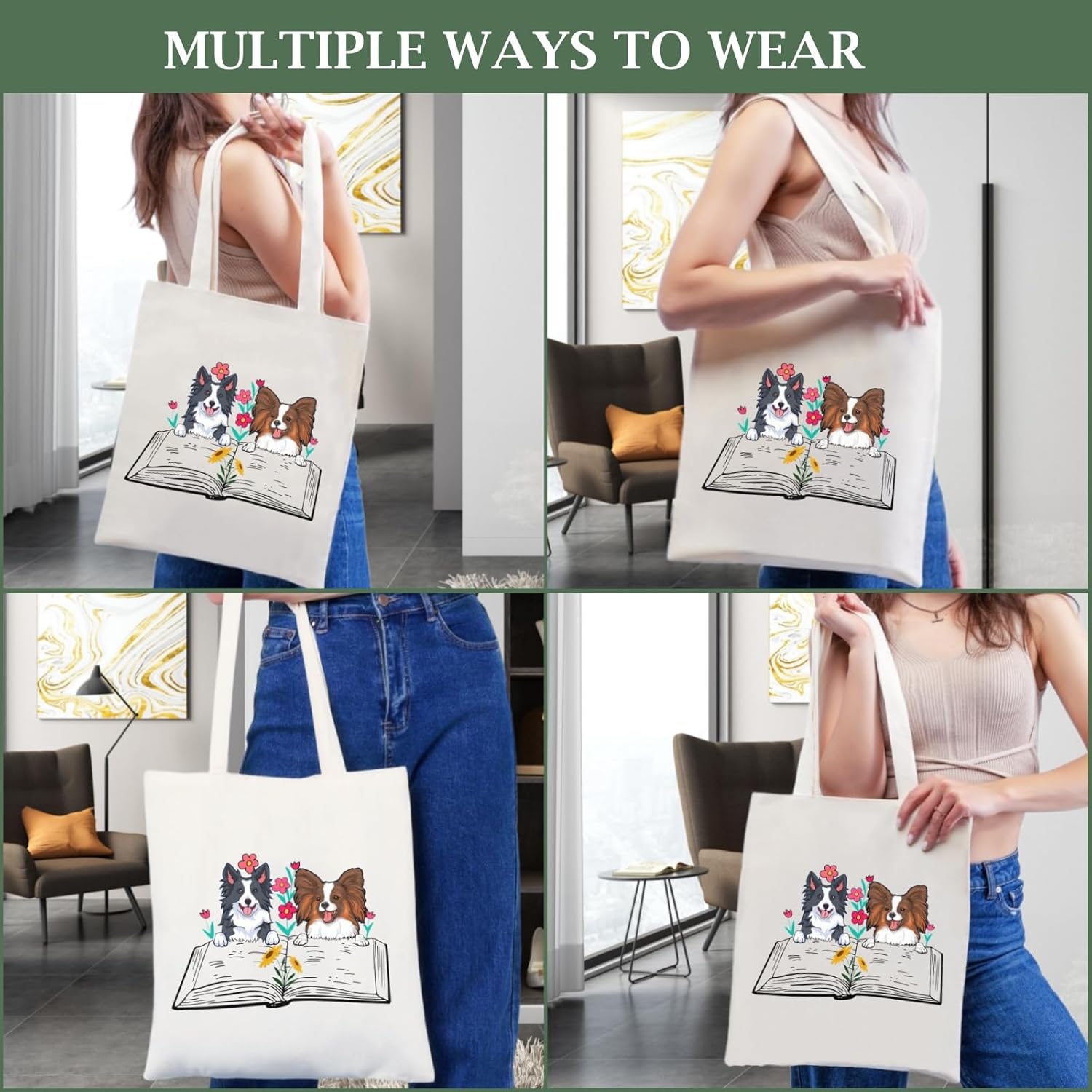 Andeiltech Canvas Tote Bag for Women Aesthetic Cute Cat Shopping Grocery Reusable Bags with Inner Zipper Women Gift - Image 5