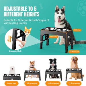 Elevated Dog Bowls Stand Adjustable 5 Heights, 45CM Foldable Dog Feeding Station with 2 Stainless Steel Bowls, Pet Bowl Elevated for Medium Large Dogs, Non-Slip Water Food Feeder, Black