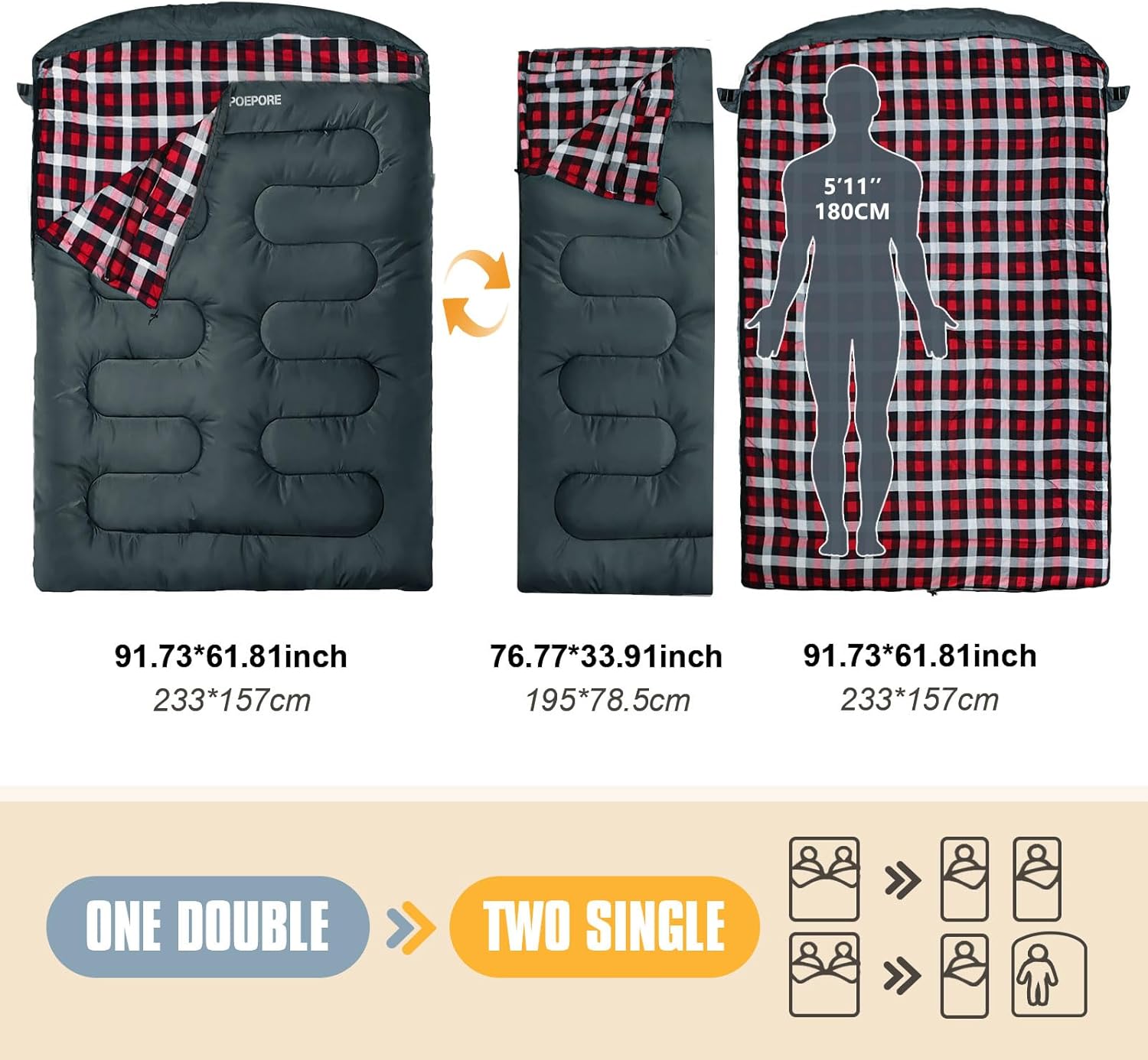 Double Sleeping Bag Flannel for Adults with 2 Pillows 2 Person Sleeping Bags Camping XXL Queen Size Two Person Sleeping Bag for Cold Weather - Image 3