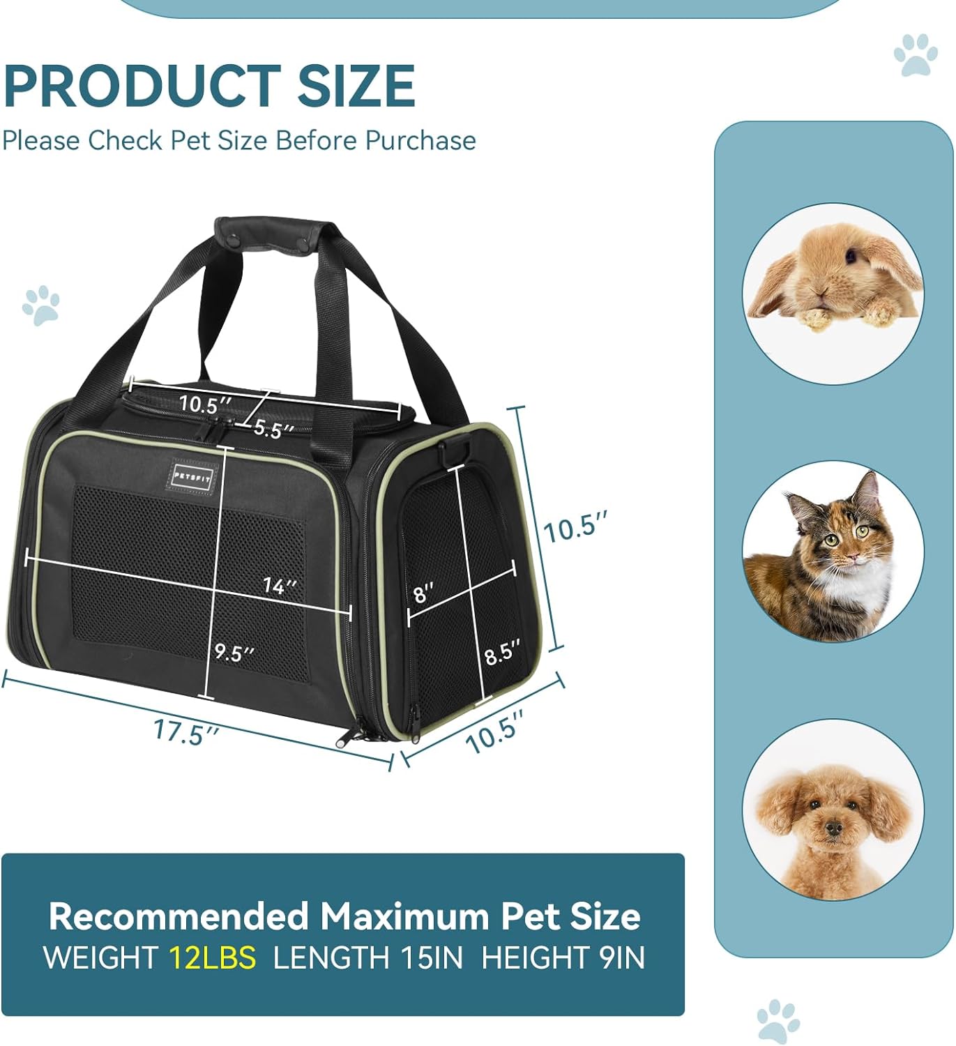 PETSFIT Pet Carrier Airline Approved with Extendable Mat, Dog Carriers for Small Dogs, TSA Approved Pet Carrier, Puppy Carrier for Small and Medium Cats Under 12 Lbs, Black - Image 5