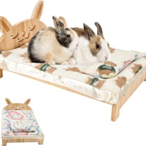 Upgrade Large Wooden Bunny Bed with Pillow and Mat, 2 in 1 Folding Pet Bed for Rabbit Guinea Pig Hamster Ferret Chinchilla Kitten Bunny Sleeping Habitat, Detachable Wood Small Animal Bed