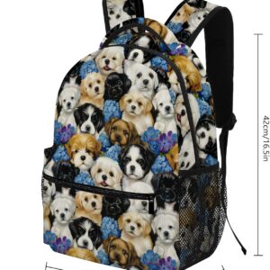 Dog Backpack for Girls Kids, Cute Dog Puppy and Blue Flower Print School Backpack, Funny Dogs Bookbag for Kindergarten Elementary School Students, Lightweight Casual Travel Daypack