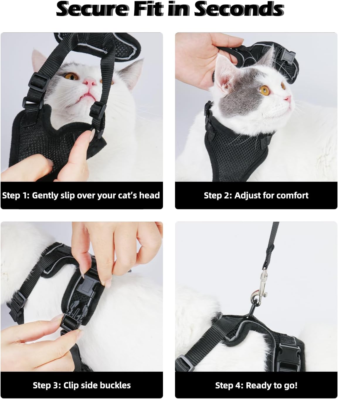 Luxelle 2 Pack Escape-Proof Cat Harness and Leash Set for Walking – Adjustable No Pull Soft Vest with Easy-Wear Buckle, Reflective Straps, Breathable Mesh – Outdoor Travel Harness for Cats & Kittens - Image 5