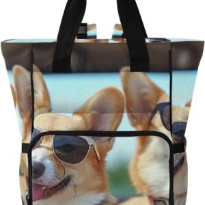 Happy Corgi Dogs Diaper Bag Backpack Waterproof Mom Backpack Travel Tote with Insulated Pockets and Stroller Straps