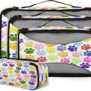 Pet Foot Printed 4-Pack Travel Packing Cubes Set, Lightweight Luggage Organizers with Mesh Panel for Ventilation & Visibility for Vacation, Business Trip, Camping