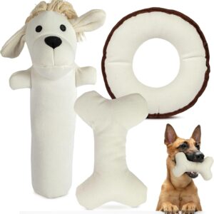 3-Piece Eco-Friendly Durable Cotton Squeaky Dog Toy Set for Chewing, Training, Playing and Exercise – Harry The Hound, T-Bone & Donut The Round Disk, White (Safe for Pets & Kids)
