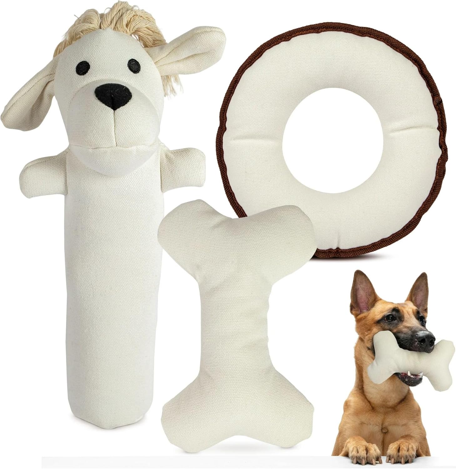 3-Piece Eco-Friendly Durable Cotton Squeaky Dog Toy Set for Chewing, Training, Playing and Exercise – Harry The Hound, T-Bone & Donut The Round Disk, White (Safe for Pets & Kids) - Image 2