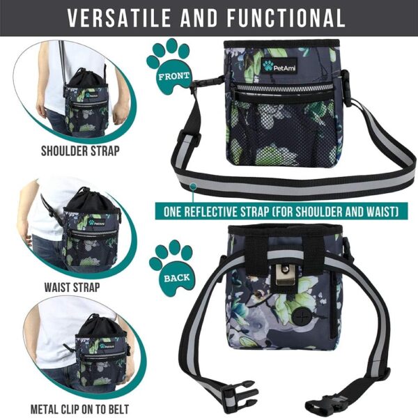 PetAmi Dog Treat Pouch, Pet Treat Pouch for Training, Dog Walking Bag Holder for Kibbles, Pet Food Toy, Dog Trainer Essentials Supplies, Poop Bag Dispenser, 3 Ways to Wear (Floral Grey) - Image 4