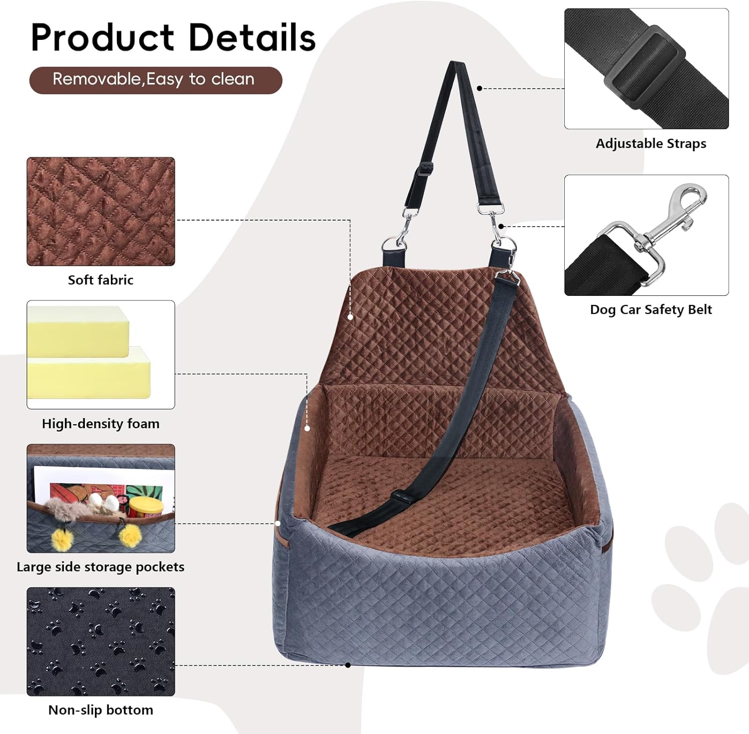 Dog Car Seat for Small Medium Dogs, Soft Fabric Dog Booster Seat with Storage Pockets, Safety Belt, Comfy Pet Car Seat Travel Bed, Removable and Washable - Image 4