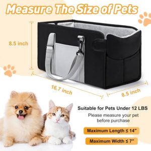 Portable Dog Car Seat for Small Dogs – Pet Booster Seat with Safety Leash, Adjustable Straps, Washable Cushion & Storage Pocket – Center Console Puppy Car Seat for Travel – Black