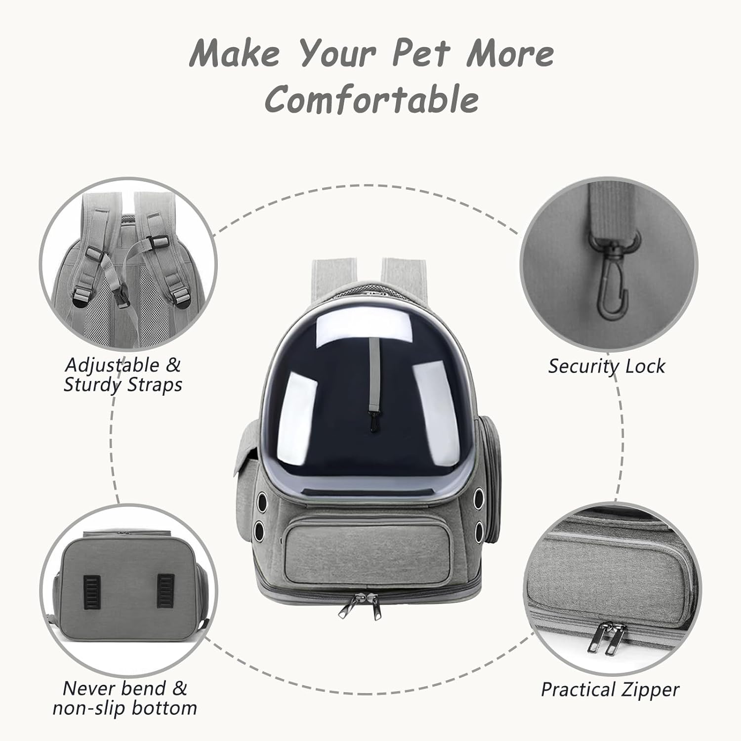 Cat Carrier with Groomer, Breathable Cat Bubble Carrier for Cats or Small Dogs up to 20 lbs, Collapsible Airline Approved, Clear Cat Travel Backpack (Grey) - Image 3