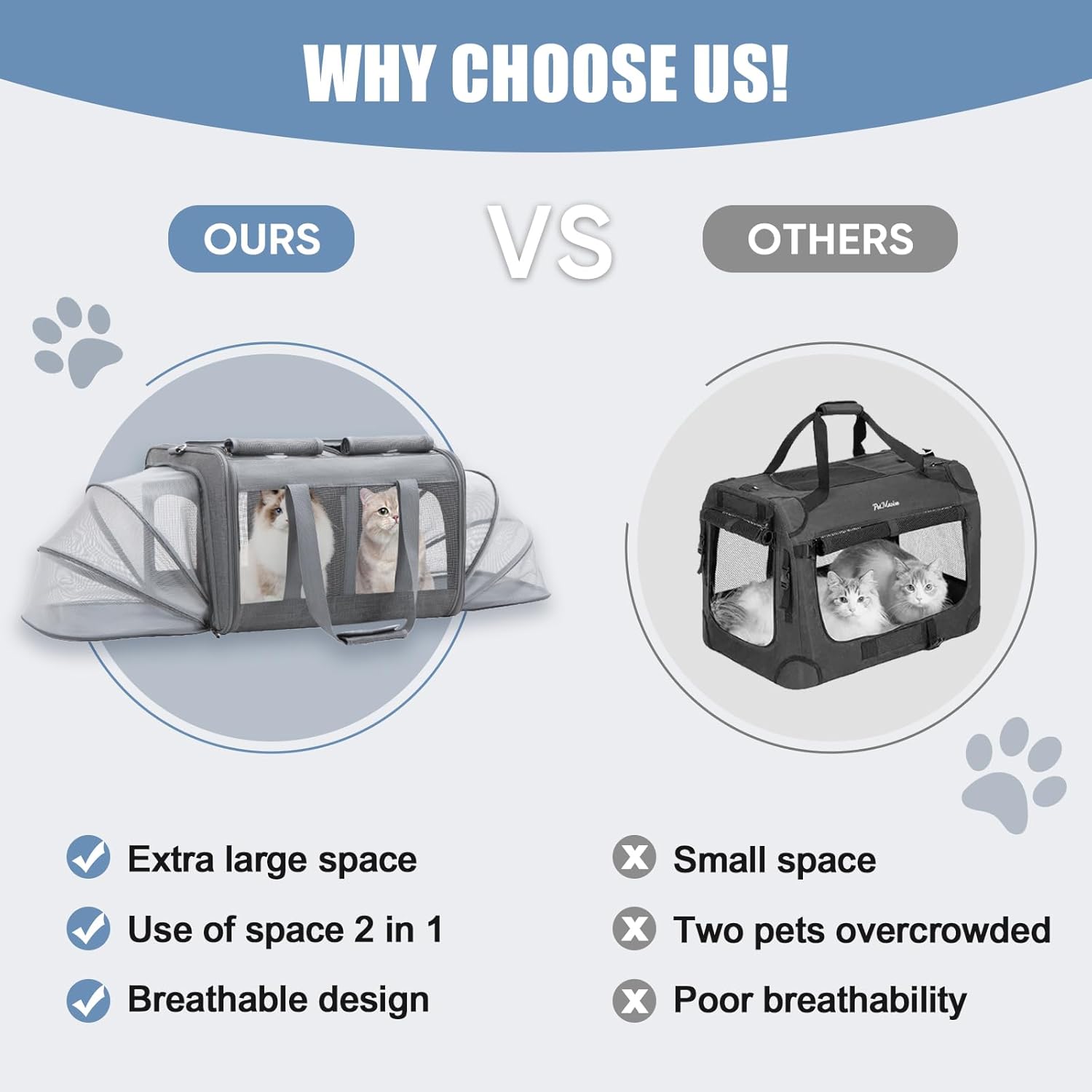 Cat Carrier for 2 Cats, Expandable Extra Large Carrier Foldable Double Cat Carriers with Compartments Multi Two Pet Carriers Soft Dual Car Carrier for Cats for Outdoor Travel Up to 38 lbs (Gray) - Image 4