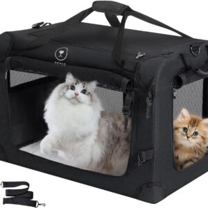 Extra Large Cat Carrier for Car Travel, Pegic Soft Sided Collapsible Pet Carrier for Outdoor and Indoor Uses, Roomy Cat Carrier for 2 Kittens, Large Cat or Puppies Up to 50lbs (Black)