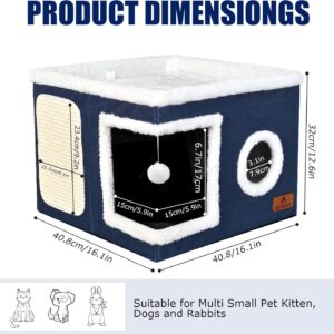Cat Beds for Indoor Cats – Foldable Cat Hideaway with Hanging Fluffy Ball and Scratch Pad, Large Cat Bed Cave with Reversible Cushion for Multi Small Pet Kitten, Blue
