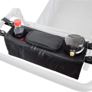 Non-Slip Organizer for Wagon, Parent Console Caddy with Cup Holders Universal for Folding Kids Pet Stroller Adjustable Straps Zippered Pockets Storage Phone Bag Attachment Accessories Black