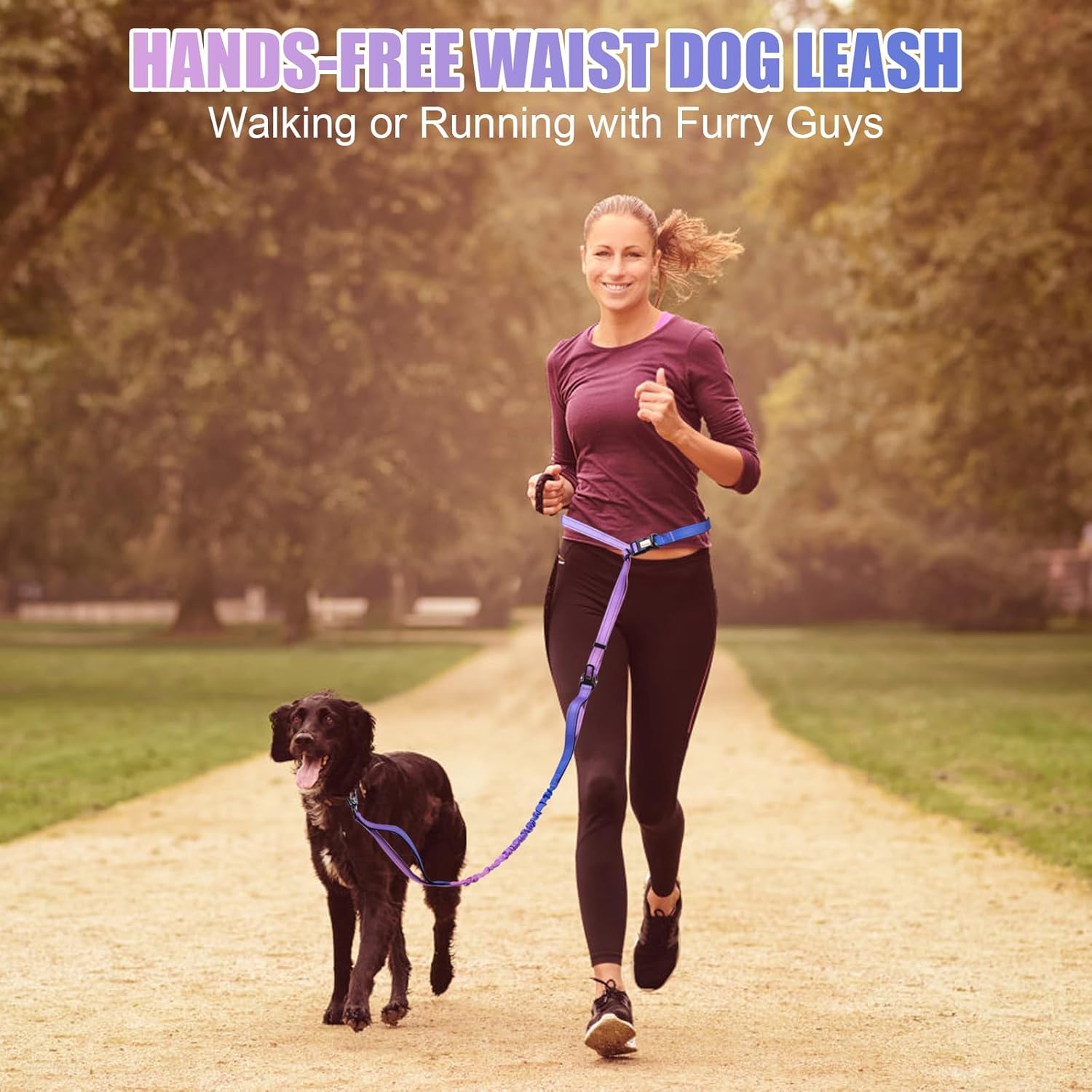 Heavy Duty Hands Free Dog Leash, 5-7 FT Reflective Adjustable Waist Dog Leash Belt with Padded Handles, Shock Absorbing Bungee and Car Seat Belt for Large Medium Dogs (Purple Blue, XL) - Image 2