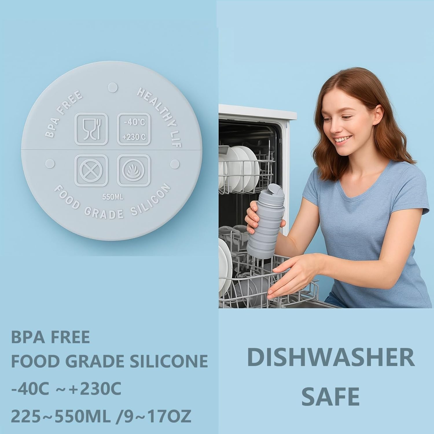 Dog Water Bottle Collapsible & Portable Squeeze, 9oz-17oz Water Dispenser & Folding Bowl,5 Levels Capacity in 1,Carabiner Clip,100% Food-Grade Silicone, Outdoor Walking,Hiking,Travel - Image 7