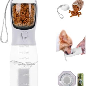 3-in-1 Portable Dog Water Bottle Dispenser,Crate with Food Container, Replaceable Waste Bags,Dog Stuff Accessories Items, Puppy Essentials Necessities,for Walking&Hiking (20oz-White)