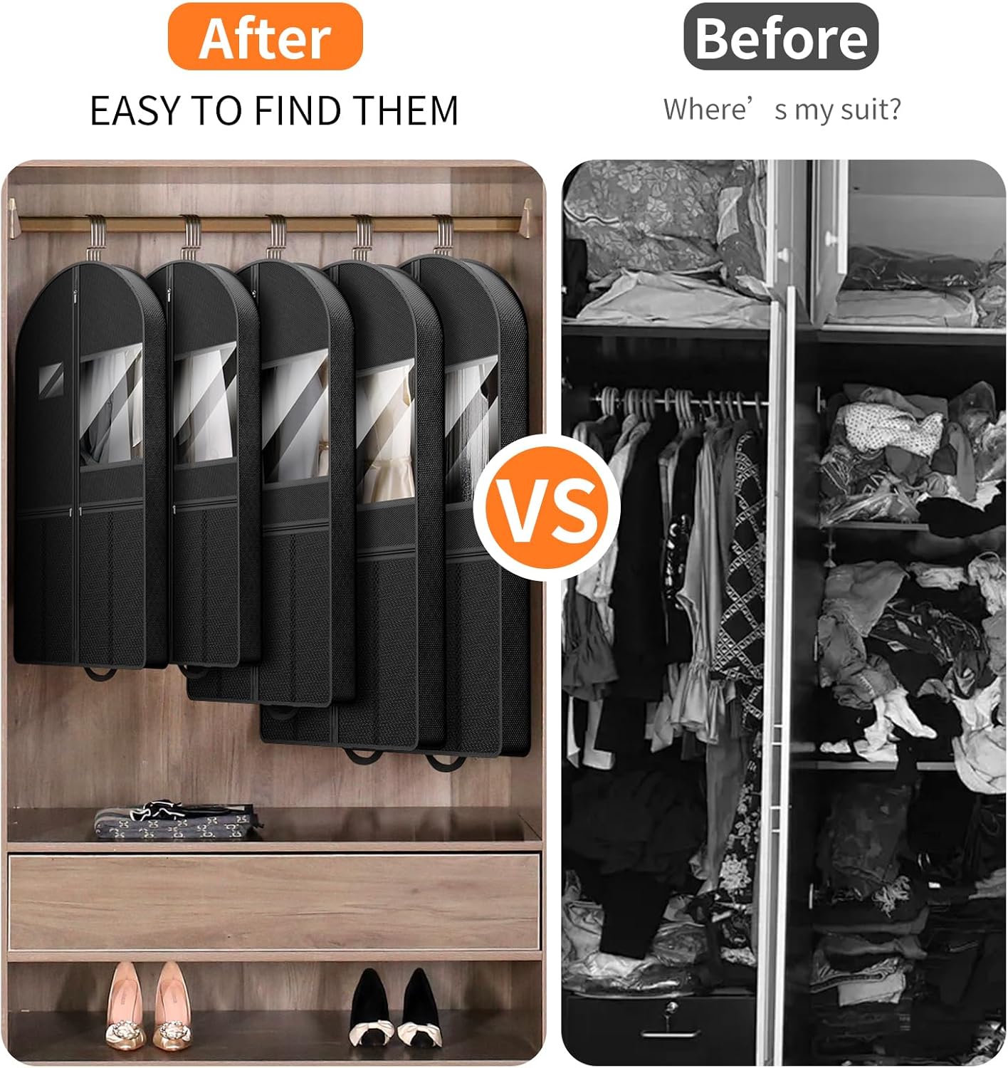 Travel Garment Bag Suits Clothes : 43 Inch 5 Packs Lightweight Breathable Zippered Black Fabric - Clothes Carry Short Men - Wardrobe Carry Coat Jacket Uniform Tuxedo Shirt - Image 7