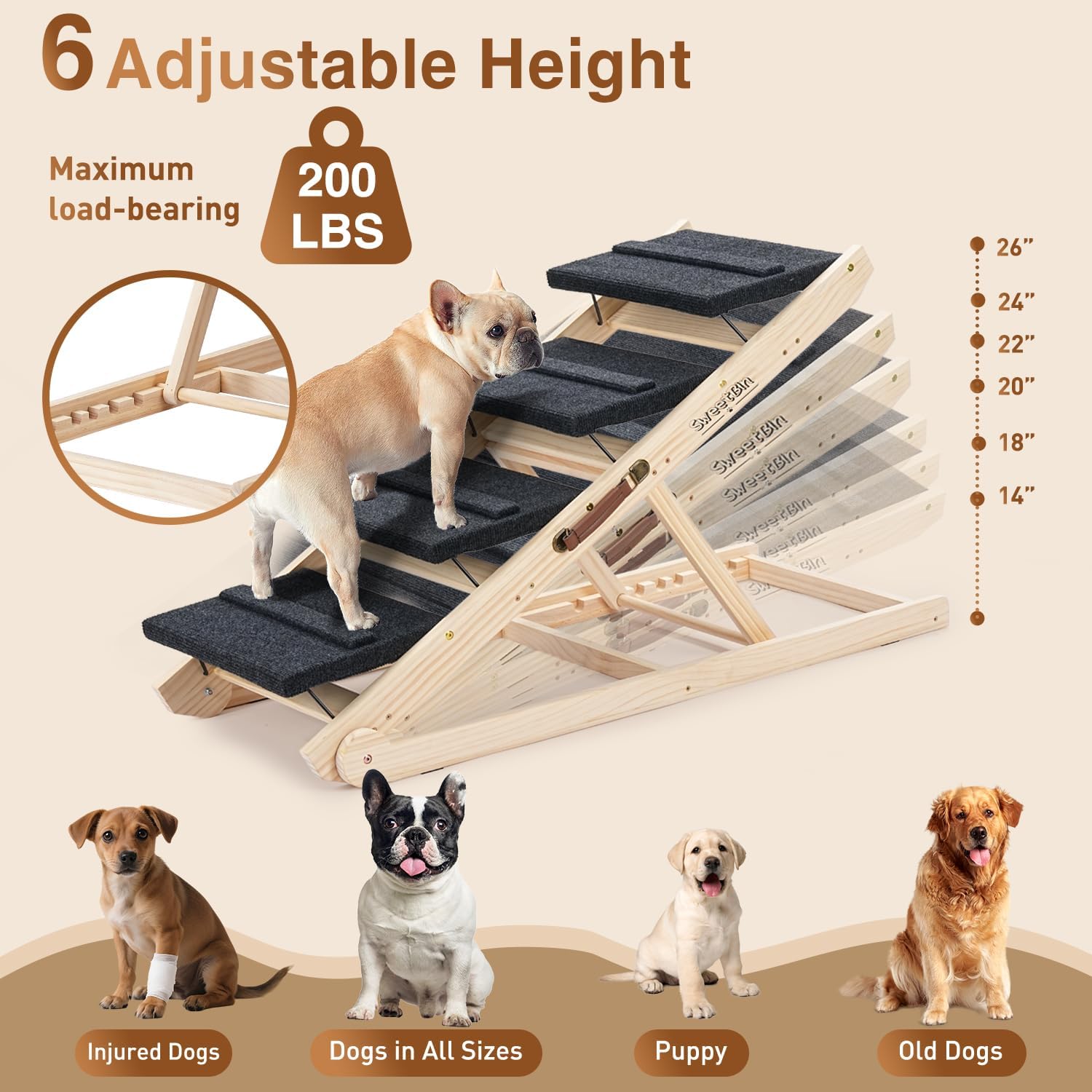 2025 Upgraded Dog Steps for Bed & Couch - 2-in-1 Dog Stairs/Ramp for Small to Large Breeds - 45.3" Long Adjustable 14"-26" Up to 200LBS - Folding Portable Wooden Pet Stairs for high Bed Couch Car - Image 2