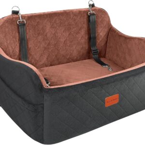 Dog Car Seat for Large Size Dog,Soft Fabric Car Dog Bed Filling Memory Foam,2 Clip-On Safety Leashs and 2 Pockets,Removable and Washable Comfy Pet Car Seat(Black/Brown, Large)