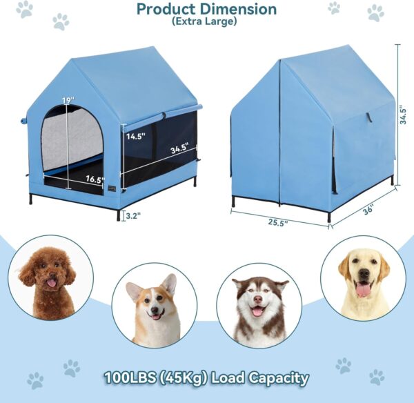 PETSFIT Dog House Outdoor, Upgraded Dog Shelter with Weatherproof PVC Canopy, Breathable Mesh Windows and Sunshades, Elevated Dog Bed with Protable Carring Case (Blue) - Image 4