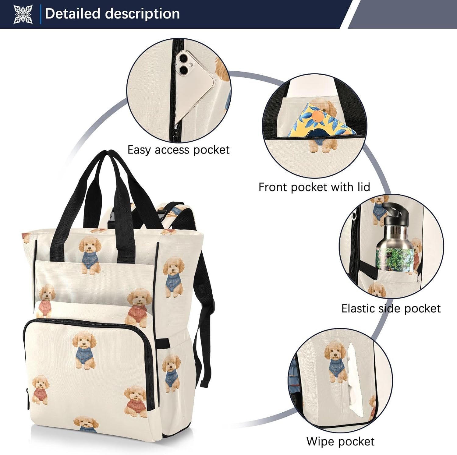 Diaper Bag Backpack Tote Multifunction Baby Nappy Changing Bags Brown Dogs Large with Stroller Straps Travel - Image 2