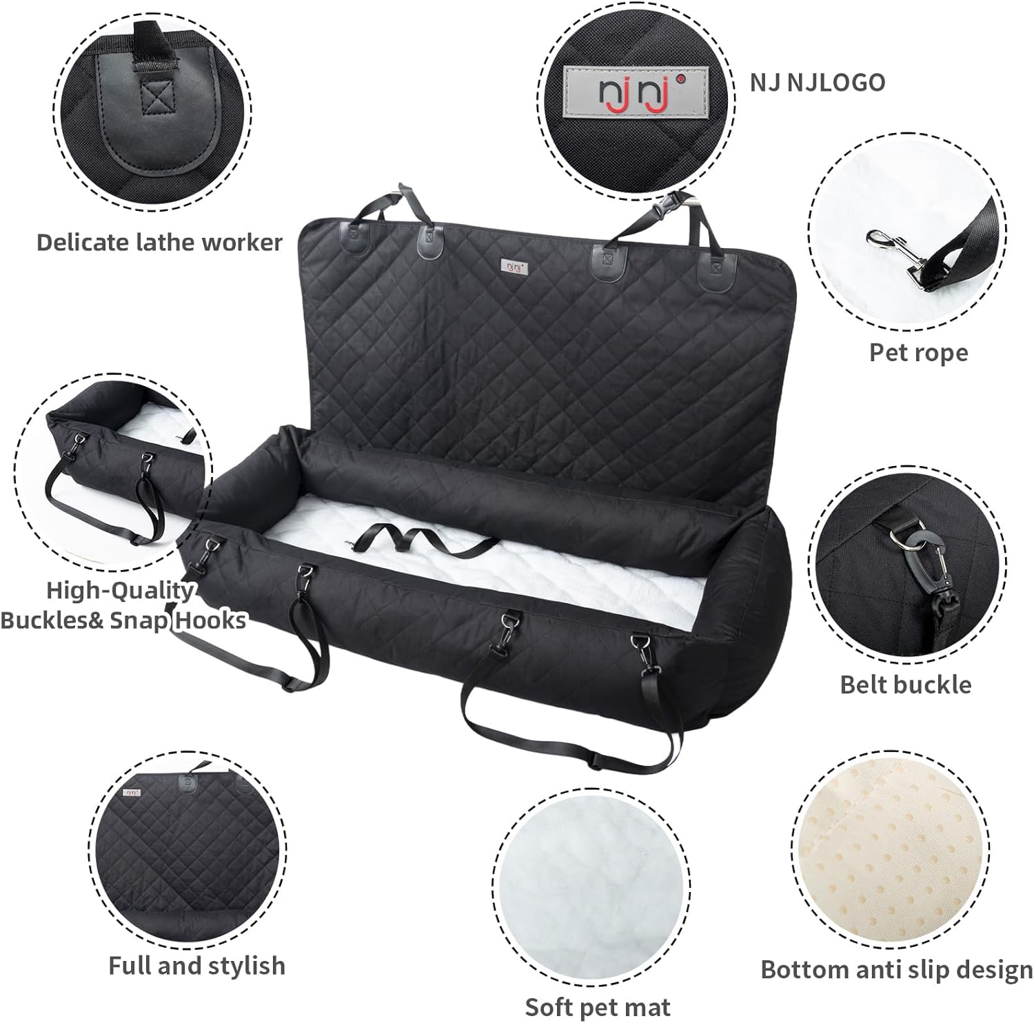 Dog Car Seat for Large/Medium Dog, Washable Pet Car Seat for Dogs Under 100 lbs or 2 Small Dogs,Washable Travel Bed with Thick Cushion and Storage Pockets - Image 3