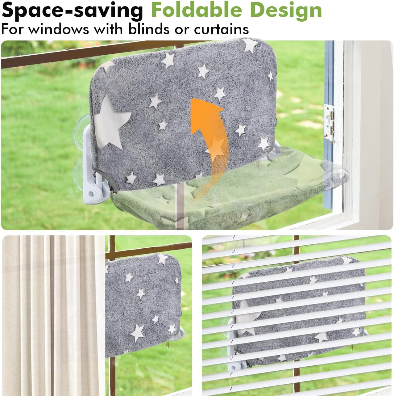 2PC Cat Window Perch, Glow in The Dark Cordless Foldable Pet Hammock Bed for Window with Sturdy Metal Frame, Glowing Stars Pattern Resting Seat for Indoor Cats (2PC Stars - M) - Image 6