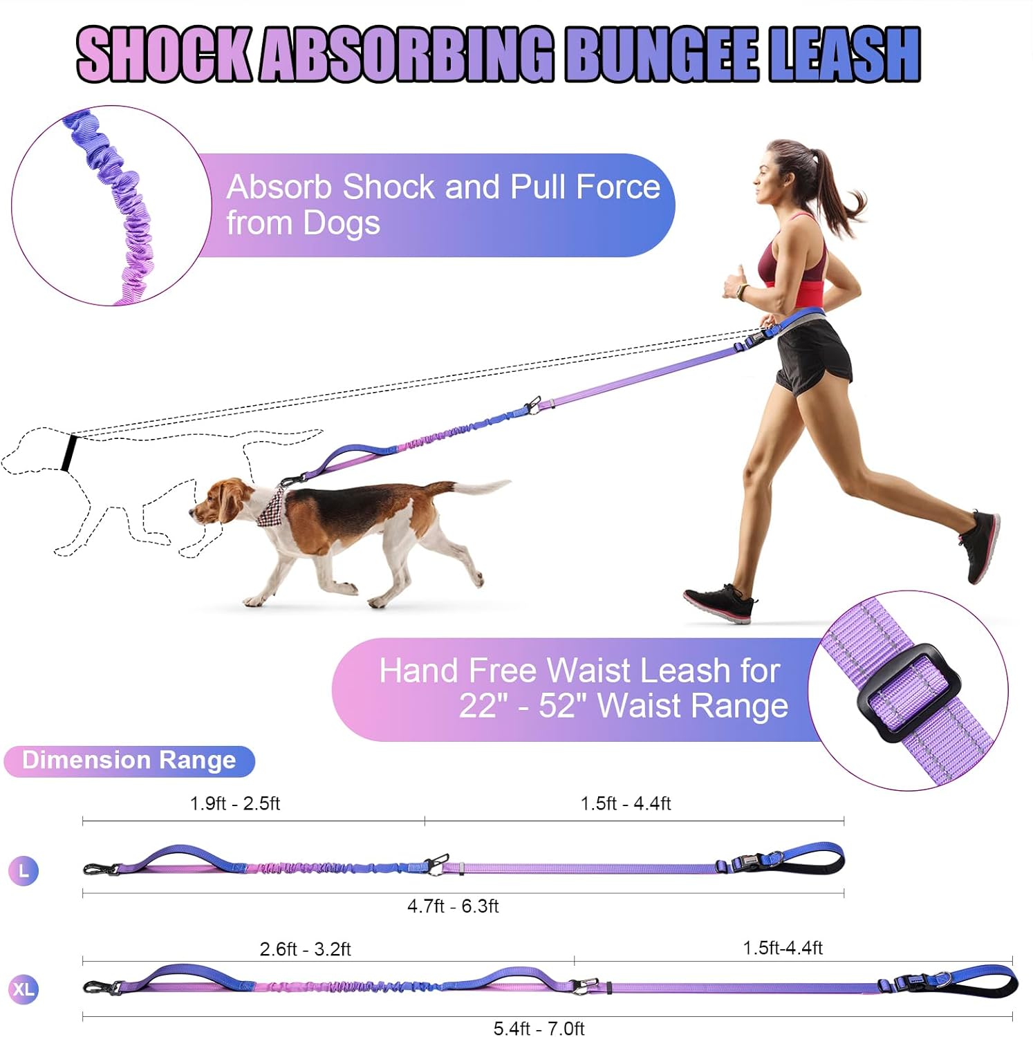 Heavy Duty Hands Free Dog Leash, 5-7 FT Reflective Adjustable Waist Dog Leash Belt with Padded Handles, Shock Absorbing Bungee and Car Seat Belt for Large Medium Dogs (Purple Blue, XL) - Image 5