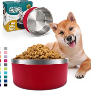 IKITCHEN Dog Bowl for Food and Water, 40 Oz Stainless Steel Pet Feeding Bowl, Durable Non-Skid Double Wall Insulated Heavy Duty with Rubber Bottom for Medium Large Dogs (40 Ounces/5 Cup, Red)