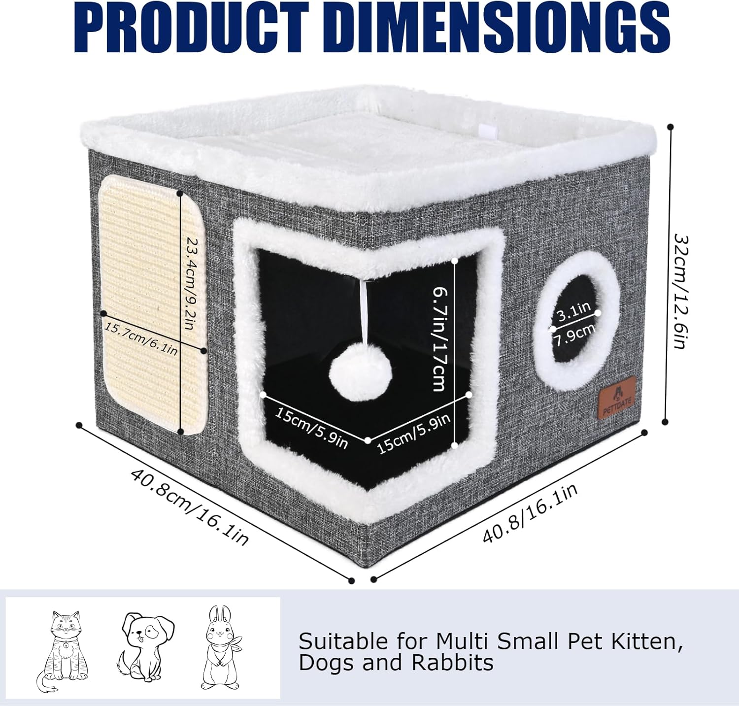 Cat Beds for Indoor Cats, Large Cat Cave Bed with Scratch Pad and Fluffy Ball, Foldable Cat Hideaway, Cat House with Reversible Cushion for Multi Small Pet Up to 30LBS, Grey - Image 2